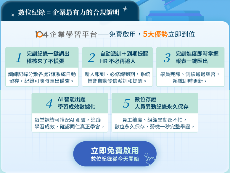 104企業學習平台5大優勢：員工訓練紀錄自動留存、派訓提醒、完訓進度追蹤、AI智能測驗、數位存證永久保存